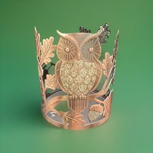 Candle Holder Owl Oak Leaves Acorns 4" Diameter Bath‎ & Body Works Decor Copper